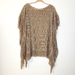 Bohemian Cable Knit Dusty Rose Tan Fringe Boho Poncho Size Small Medium